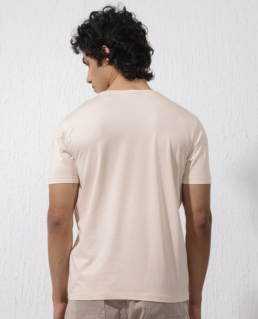 Rare Rabbit Men's Zeus Beige Cotton Blend Graphic Print Regular Fit Half Sleeve Crew Neck T-Shirt