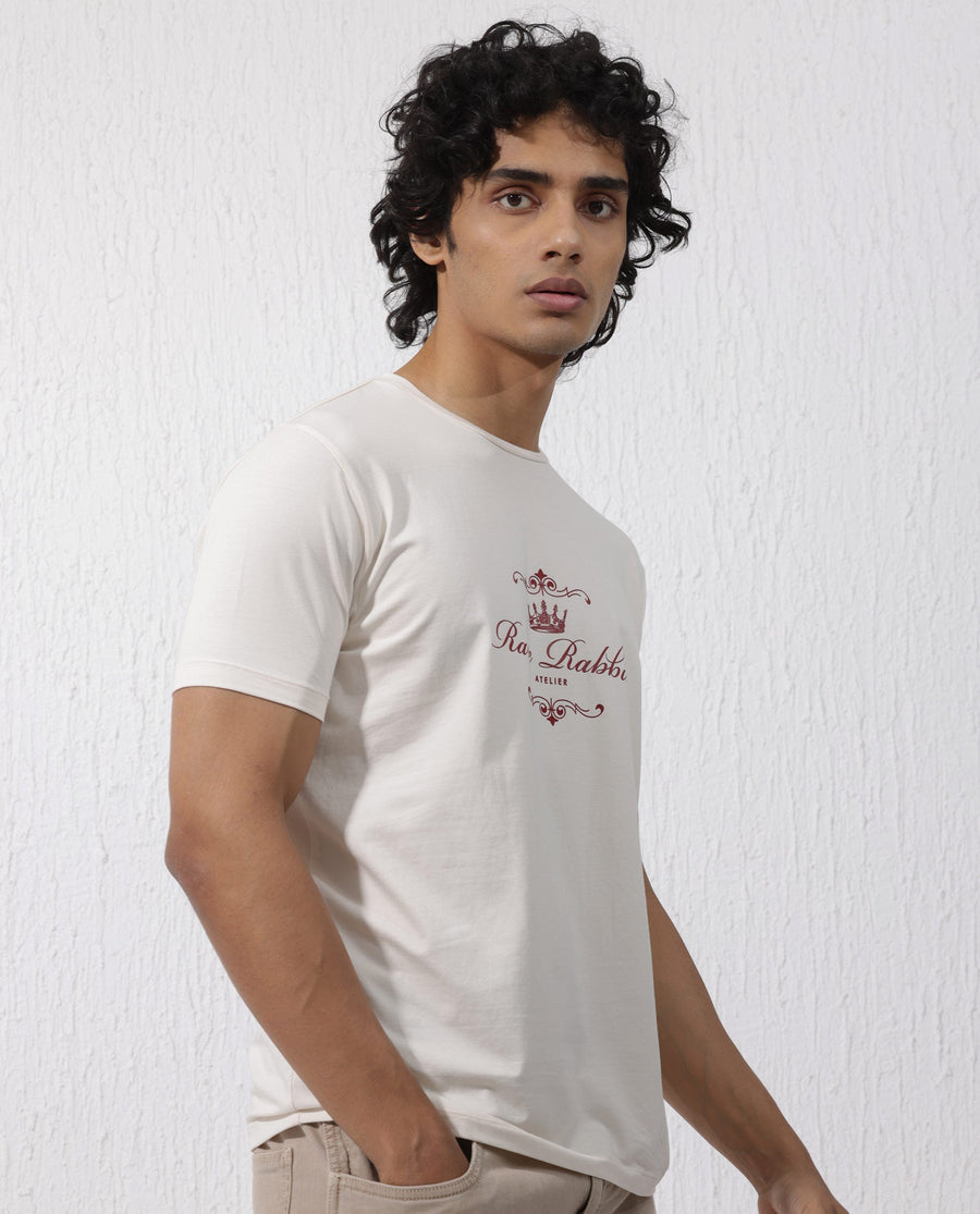 Rare Rabbit Men's Zeus Beige Cotton Blend Graphic Print Regular Fit Half Sleeve Crew Neck T-Shirt