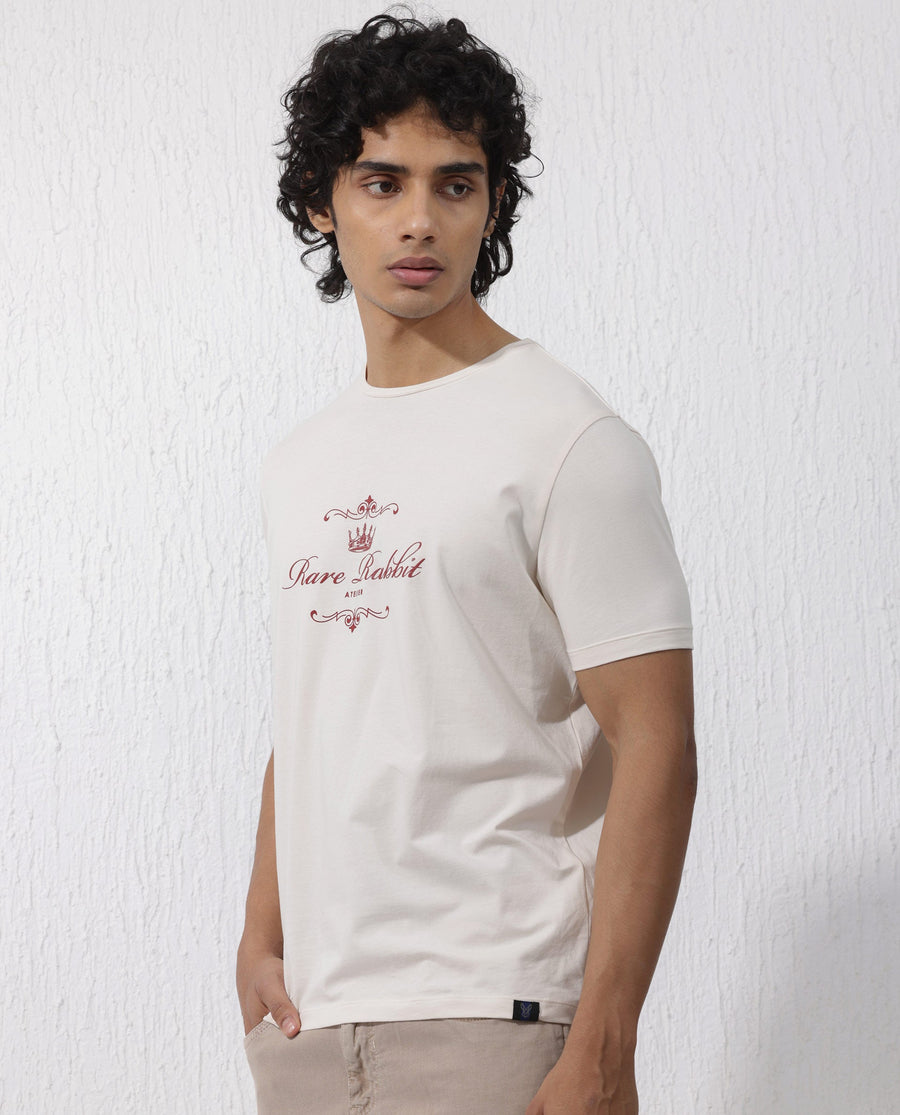 Rare Rabbit Men's Zeus Beige Cotton Blend Graphic Print Regular Fit Half Sleeve Crew Neck T-Shirt