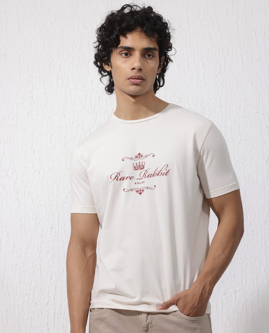 Rare Rabbit Men's Zeus Beige Cotton Blend Graphic Print Regular Fit Half Sleeve Crew Neck T-Shirt