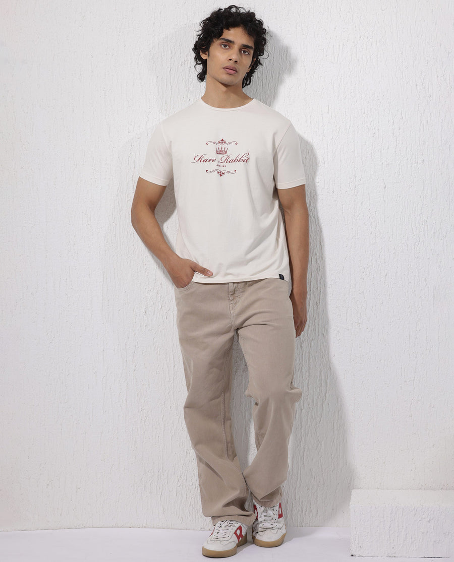 Rare Rabbit Men's Zeus Beige Cotton Blend Graphic Print Regular Fit Half Sleeve Crew Neck T-Shirt