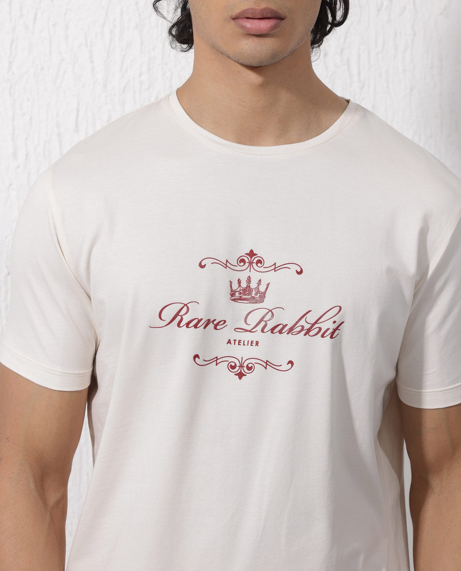 Rare Rabbit Men's Zeus Beige Cotton Blend Graphic Print Regular Fit Half Sleeve Crew Neck T-Shirt