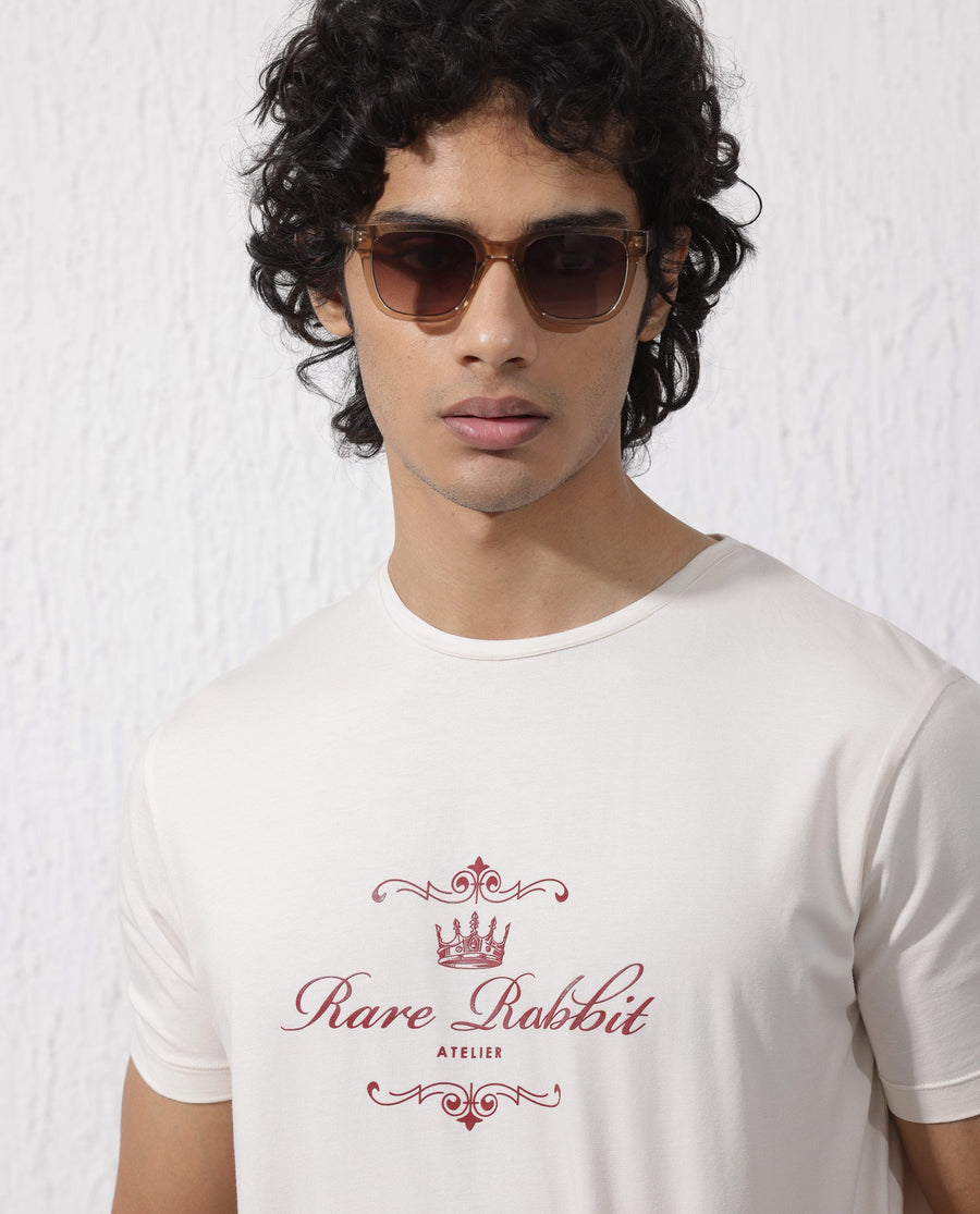 Rare Rabbit Men's Zeus Beige Cotton Blend Graphic Print Regular Fit Half Sleeve Crew Neck T-Shirt