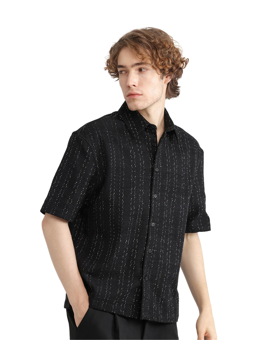 Rare Rabbit Men's Zhet Navy Cotton Striped Print Regular Fit Half Sleeve Collared Shirt