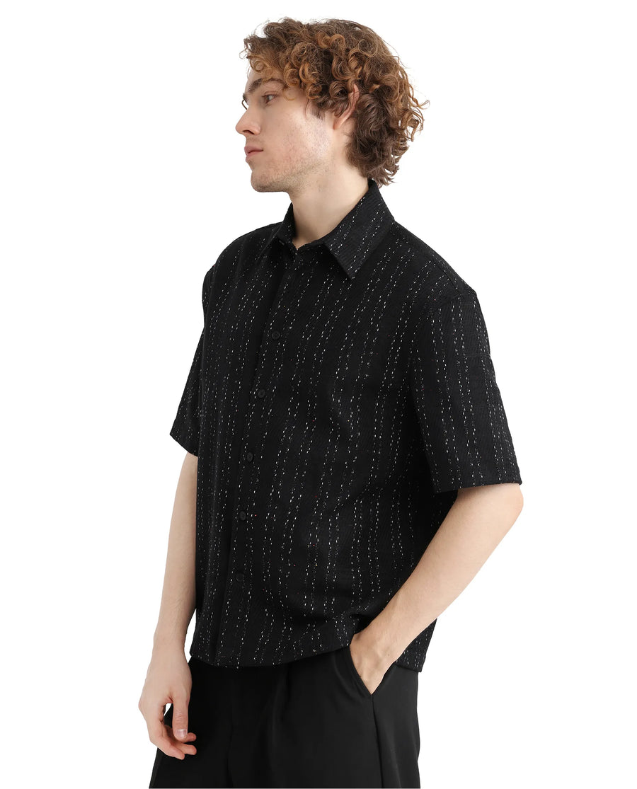 Rare Rabbit Men's Zhet Navy Cotton Striped Print Regular Fit Half Sleeve Collared Shirt