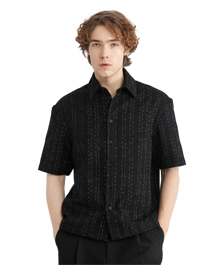 Rare Rabbit Men's Zhet Navy Cotton Striped Print Regular Fit Half Sleeve Collared Shirt