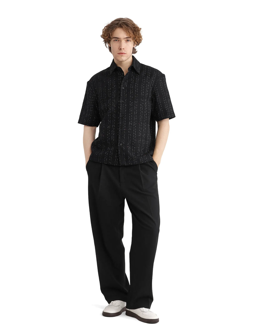 Rare Rabbit Men's Zhet Navy Cotton Striped Print Regular Fit Half Sleeve Collared Shirt