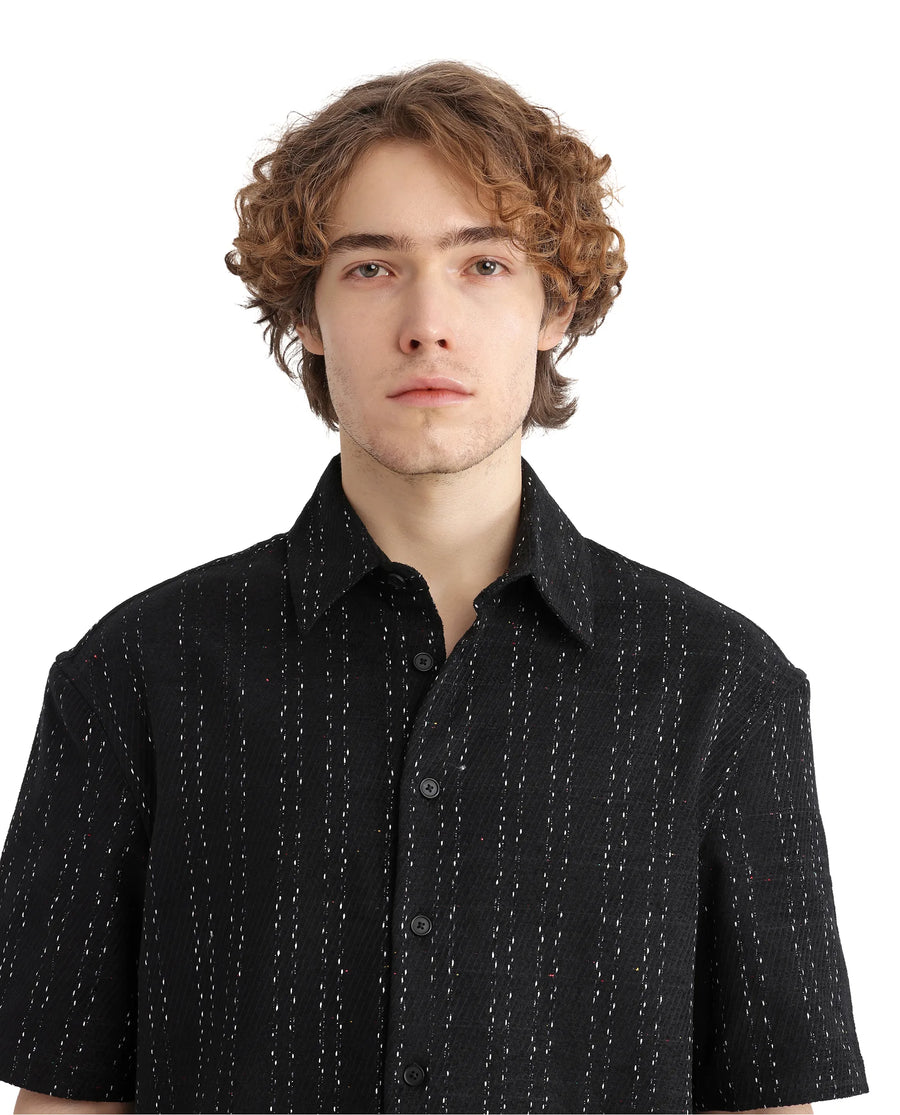 Rare Rabbit Men's Zhet Navy Cotton Striped Print Regular Fit Half Sleeve Collared Shirt