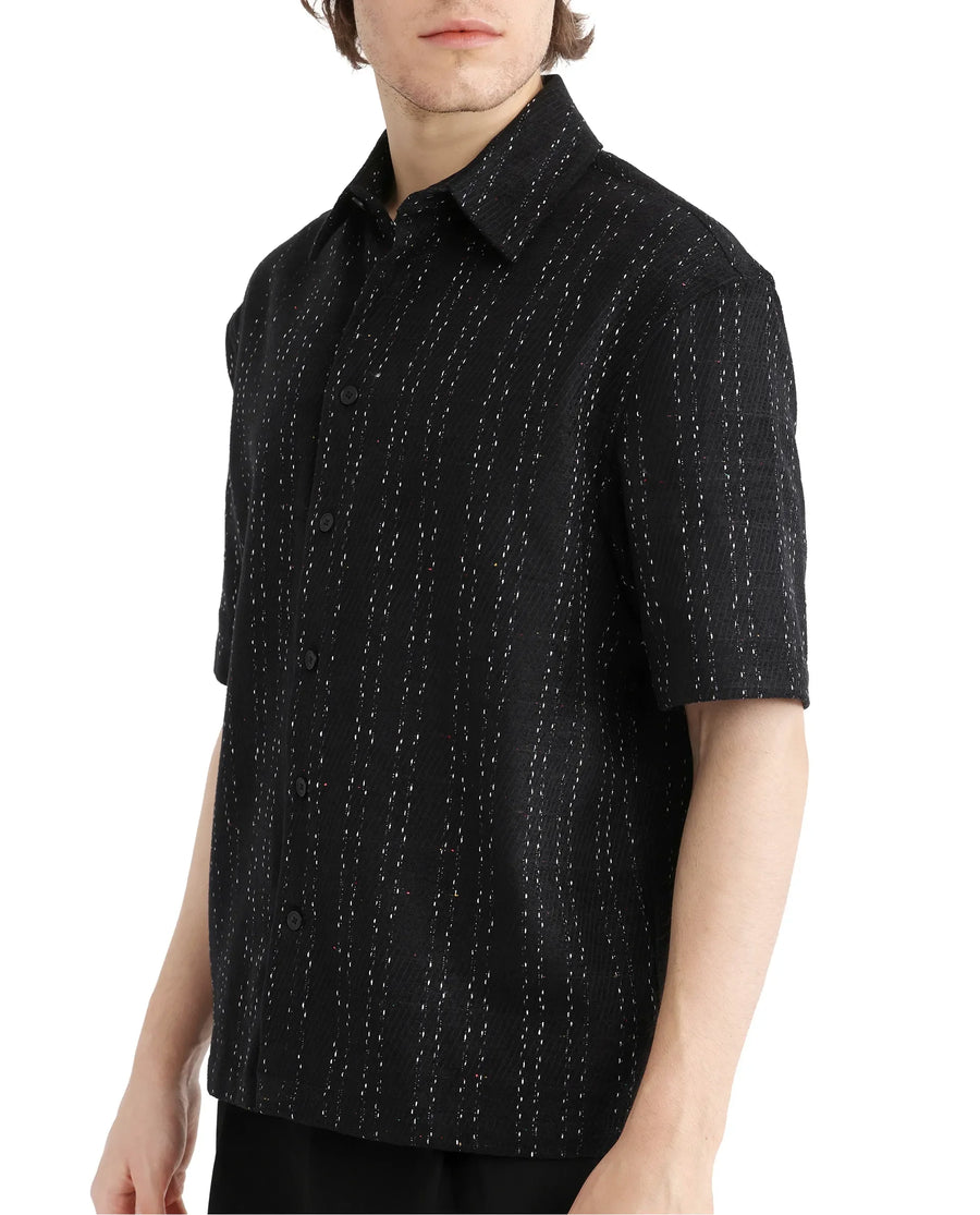 Rare Rabbit Men's Zhet Navy Cotton Striped Print Regular Fit Half Sleeve Collared Shirt