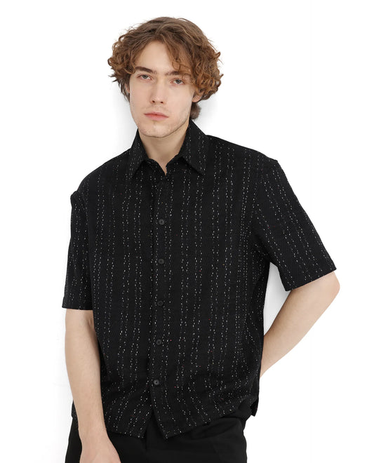 Rare Rabbit Men's Zhet Navy Cotton Striped Print Regular Fit Half Sleeve Collared Shirt