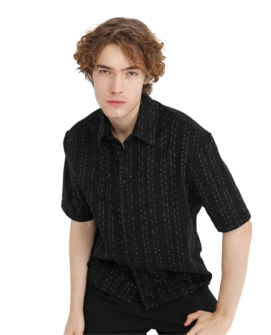 Rare Rabbit Men's Zhet Navy Cotton Striped Print Regular Fit Half Sleeve Collared Shirt
