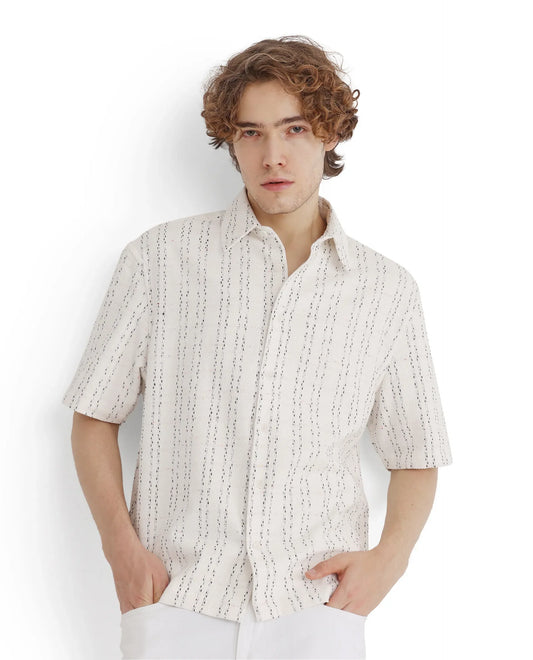 Rare Rabbit Men's Zhet White Cotton Striped Print Regular Fit Half Sleeve Collared Shirt