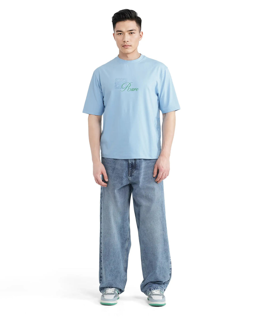 Rare Rabbit Men's Zilos Light Blue Cotton Blend Graphic Print Oversized Fit Half Sleeve Crew Neck T-Shirt