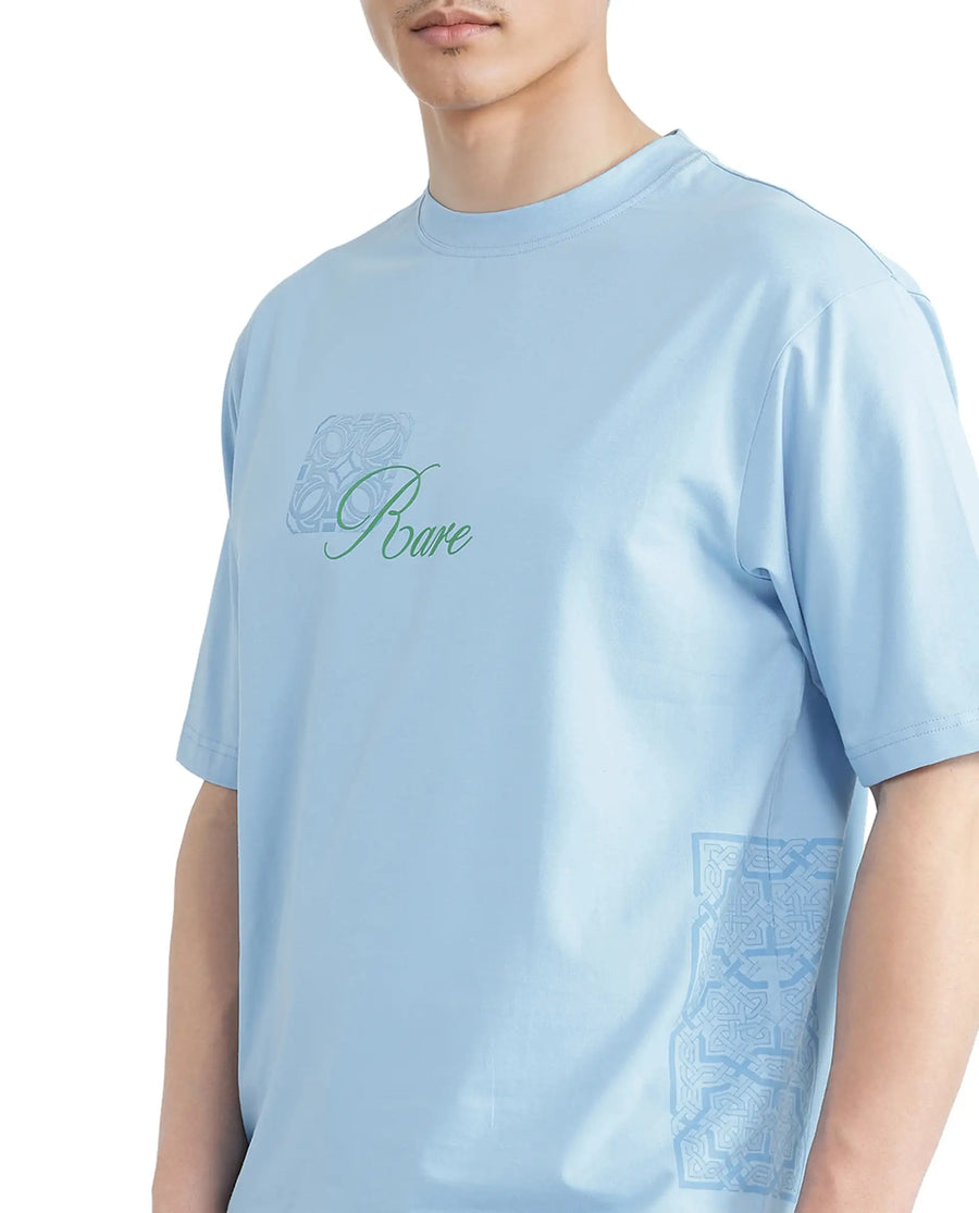 Rare Rabbit Men's Zilos Light Blue Cotton Blend Graphic Print Oversized Fit Half Sleeve Crew Neck T-Shirt