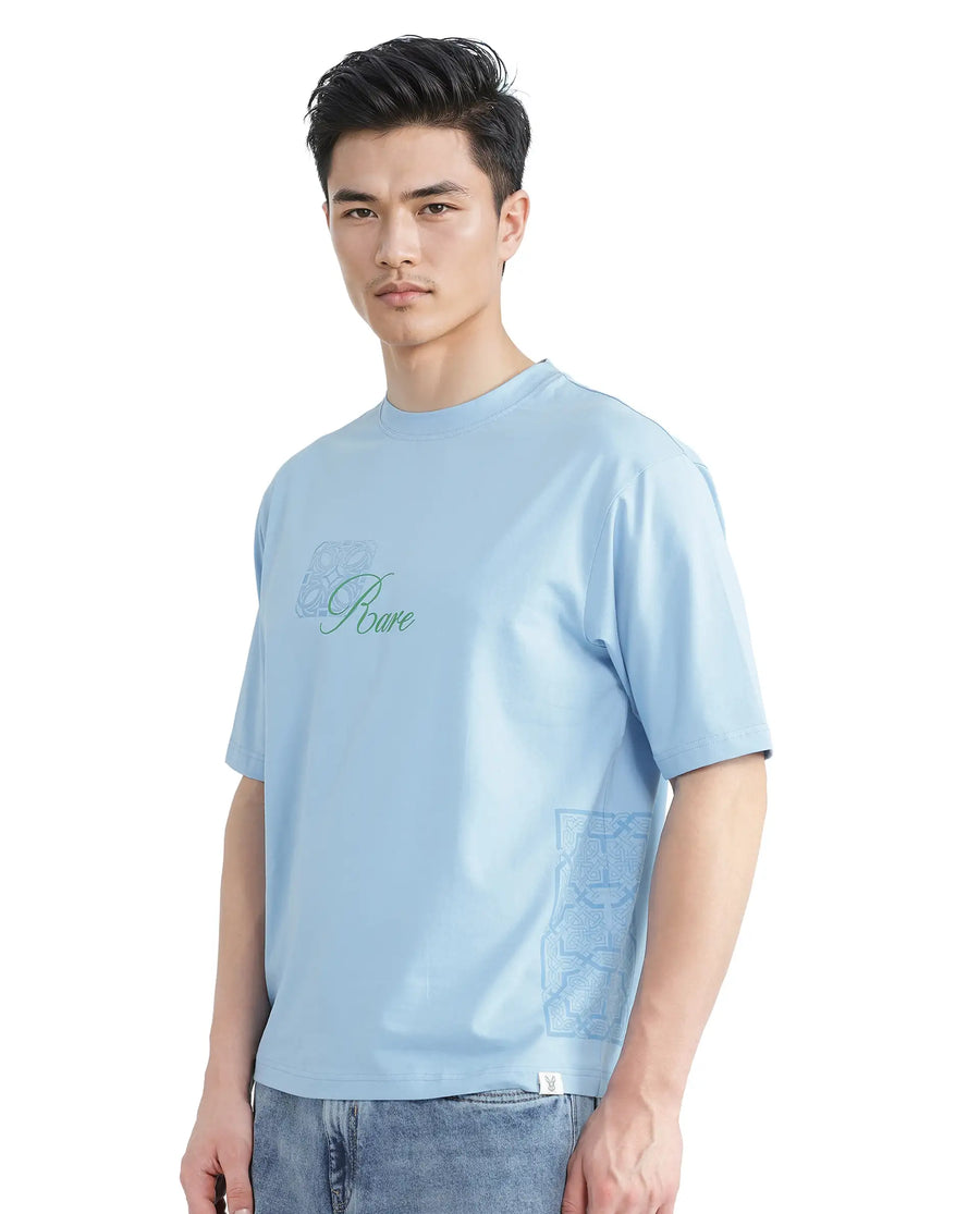 Rare Rabbit Men's Zilos Light Blue Cotton Blend Graphic Print Oversized Fit Half Sleeve Crew Neck T-Shirt