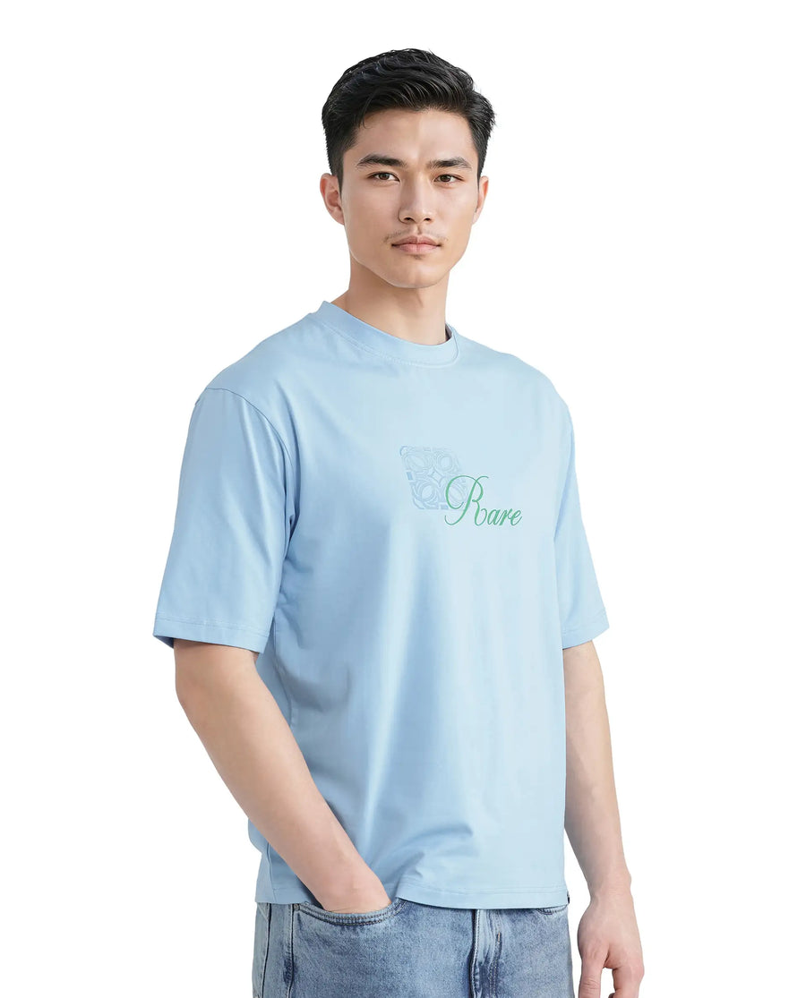 Rare Rabbit Men's Zilos Light Blue Cotton Blend Graphic Print Oversized Fit Half Sleeve Crew Neck T-Shirt
