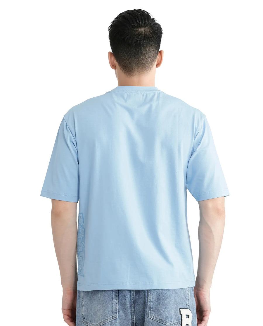 Rare Rabbit Men's Zilos Light Blue Cotton Blend Graphic Print Oversized Fit Half Sleeve Crew Neck T-Shirt