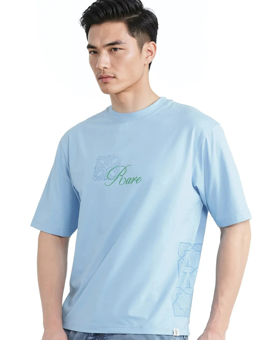 Rare Rabbit Men's Zilos Light Blue Cotton Blend Graphic Print Oversized Fit Half Sleeve Crew Neck T-Shirt