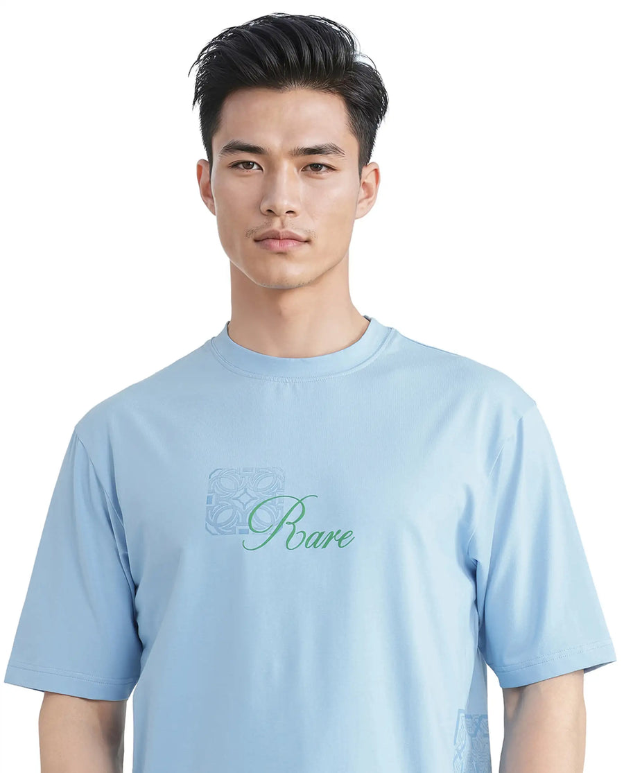 Rare Rabbit Men's Zilos Light Blue Cotton Blend Graphic Print Oversized Fit Half Sleeve Crew Neck T-Shirt