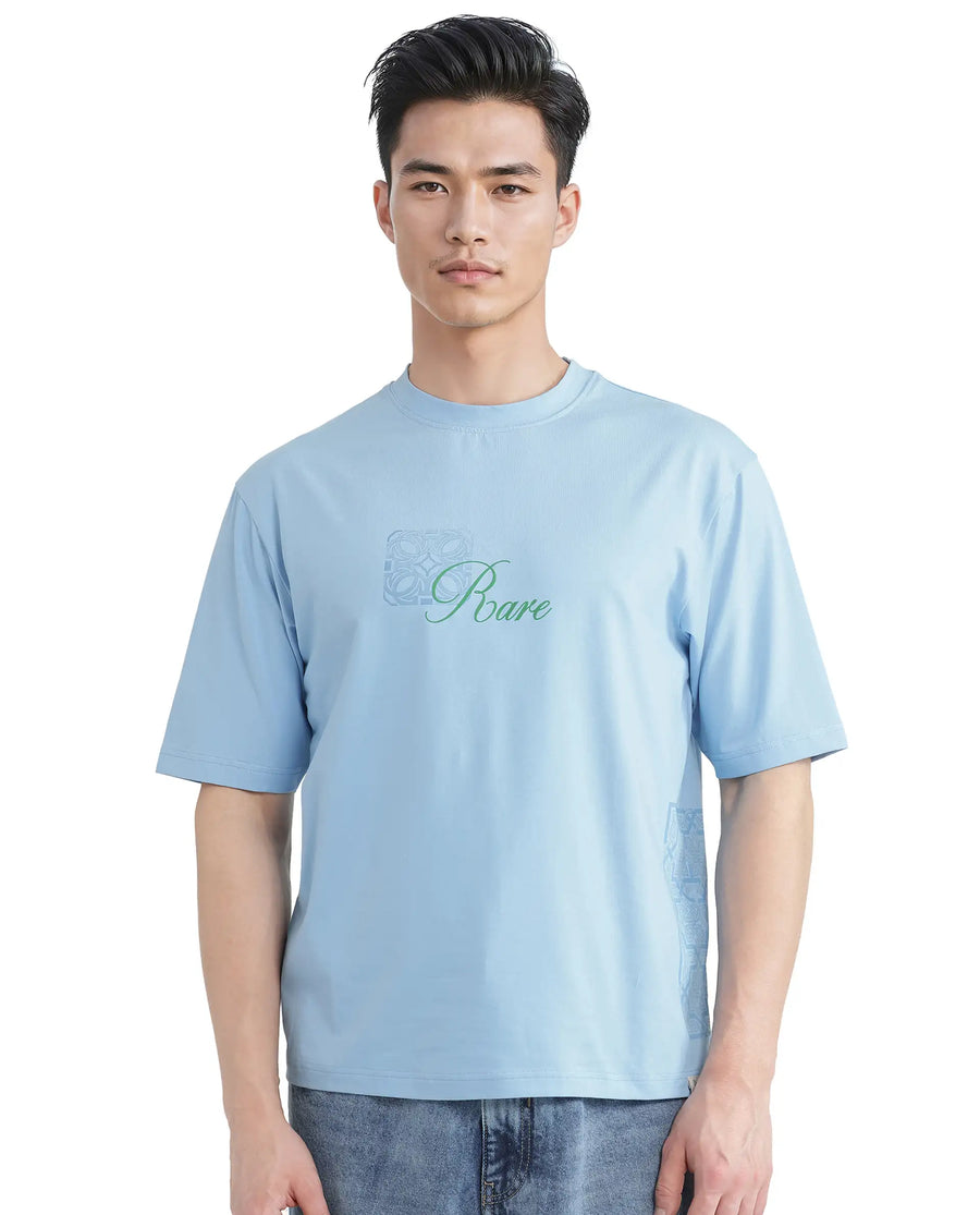 Rare Rabbit Men's Zilos Light Blue Cotton Blend Graphic Print Oversized Fit Half Sleeve Crew Neck T-Shirt