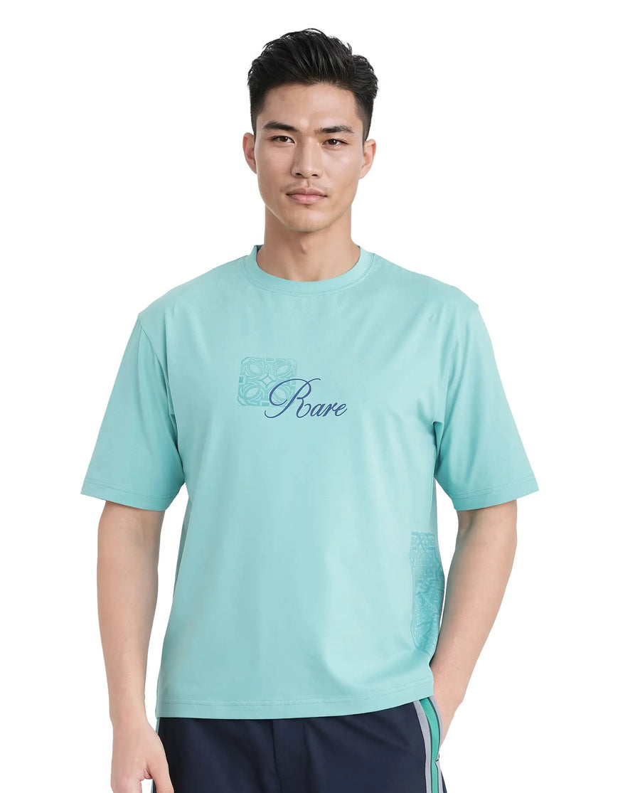 Rare Rabbit Men's Zilos Light Green Cotton Blend Graphic Print Oversized Fit Half Sleeve Crew Neck T-Shirt