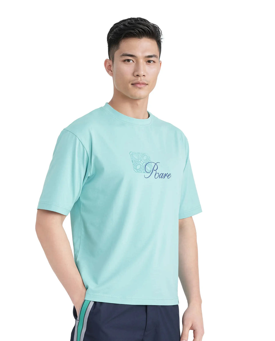 Rare Rabbit Men's Zilos Light Green Cotton Blend Graphic Print Oversized Fit Half Sleeve Crew Neck T-Shirt