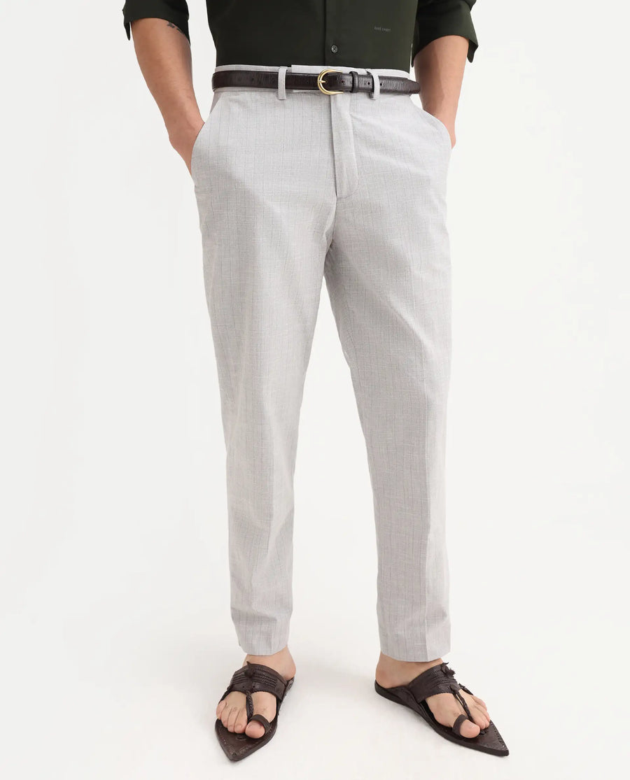 Rare Rabbit Men's Zimba Grey Polyester Blend Striped Print Straight Fit Trouser