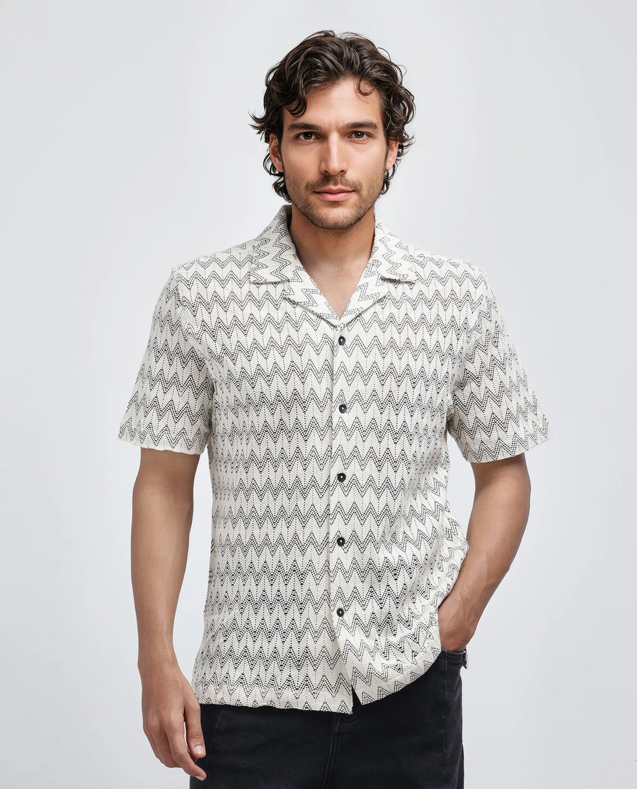Rare Rabbit Men's Zina Off White Cotton Zig Zag Print Boxy Fit Half Sleeve Cuban Collar Shirt