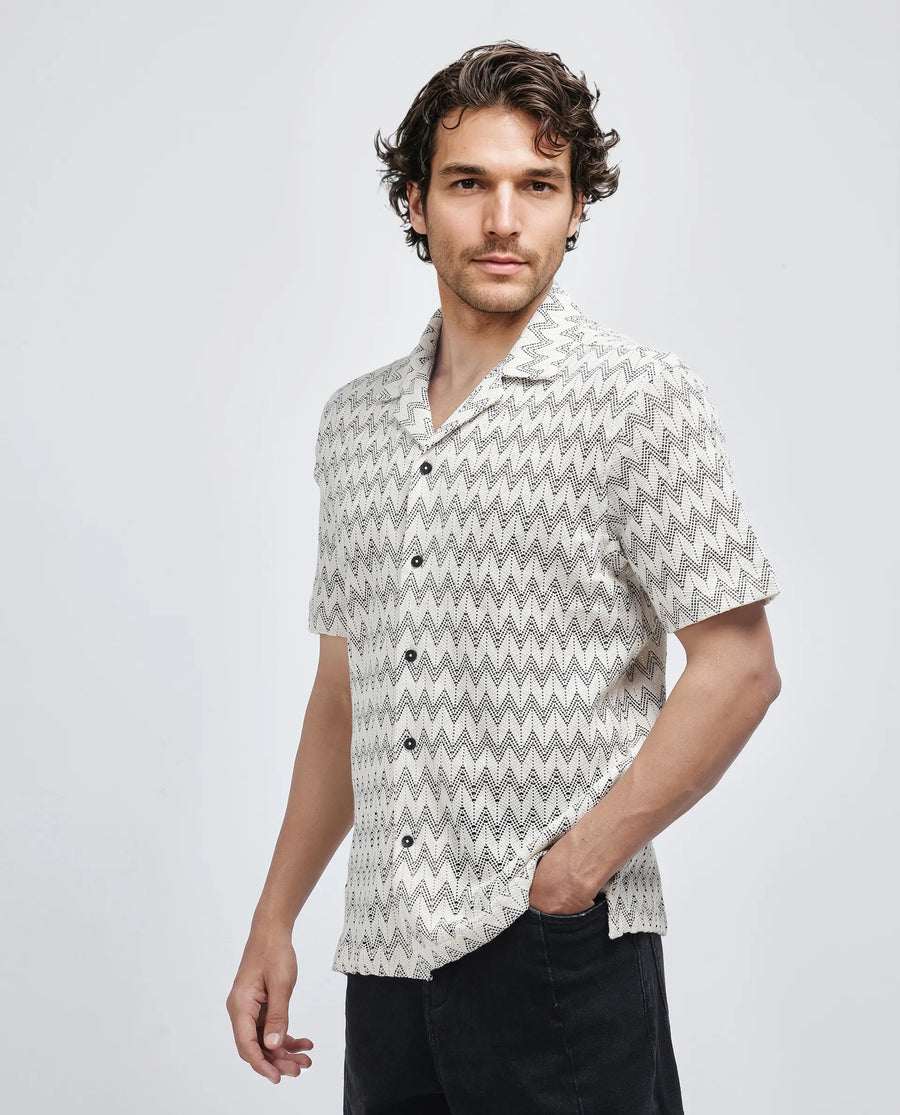 Rare Rabbit Men's Zina Off White Cotton Zig Zag Print Boxy Fit Half Sleeve Cuban Collar Shirt