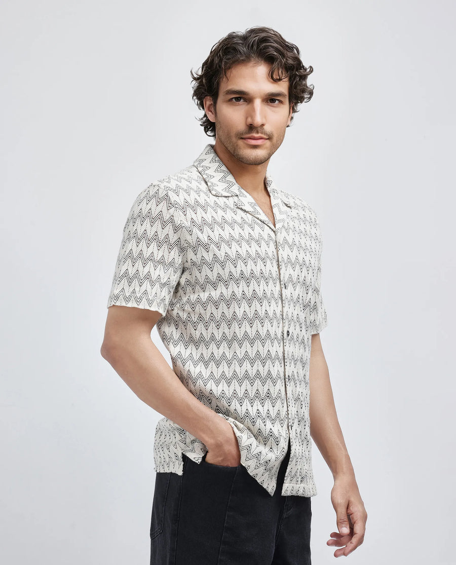 Rare Rabbit Men's Zina Off White Cotton Zig Zag Print Boxy Fit Half Sleeve Cuban Collar Shirt