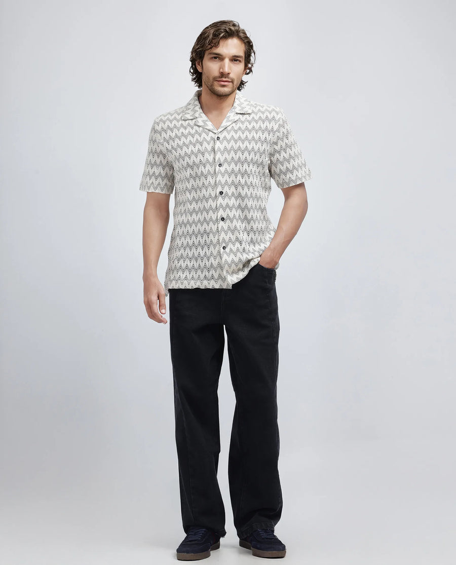 Rare Rabbit Men's Zina Off White Cotton Zig Zag Print Boxy Fit Half Sleeve Cuban Collar Shirt