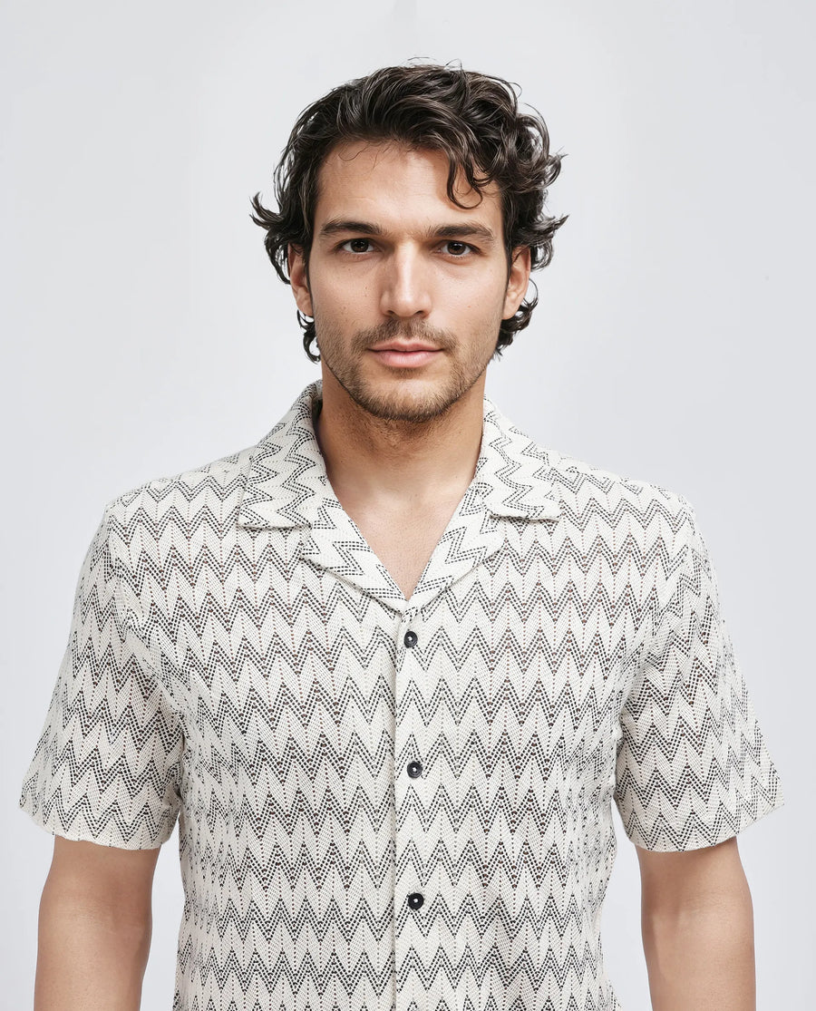 Rare Rabbit Men's Zina Off White Cotton Zig Zag Print Boxy Fit Half Sleeve Cuban Collar Shirt