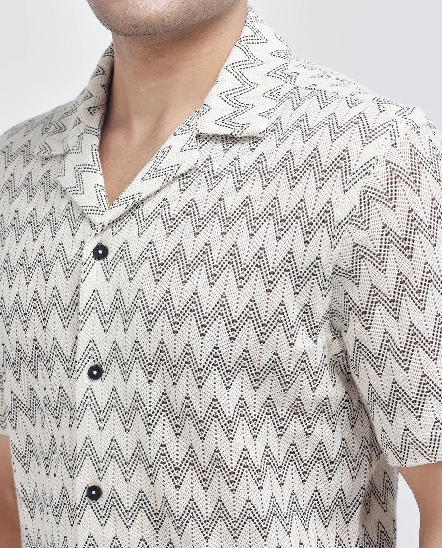 Rare Rabbit Men's Zina Off White Cotton Zig Zag Print Boxy Fit Half Sleeve Cuban Collar Shirt