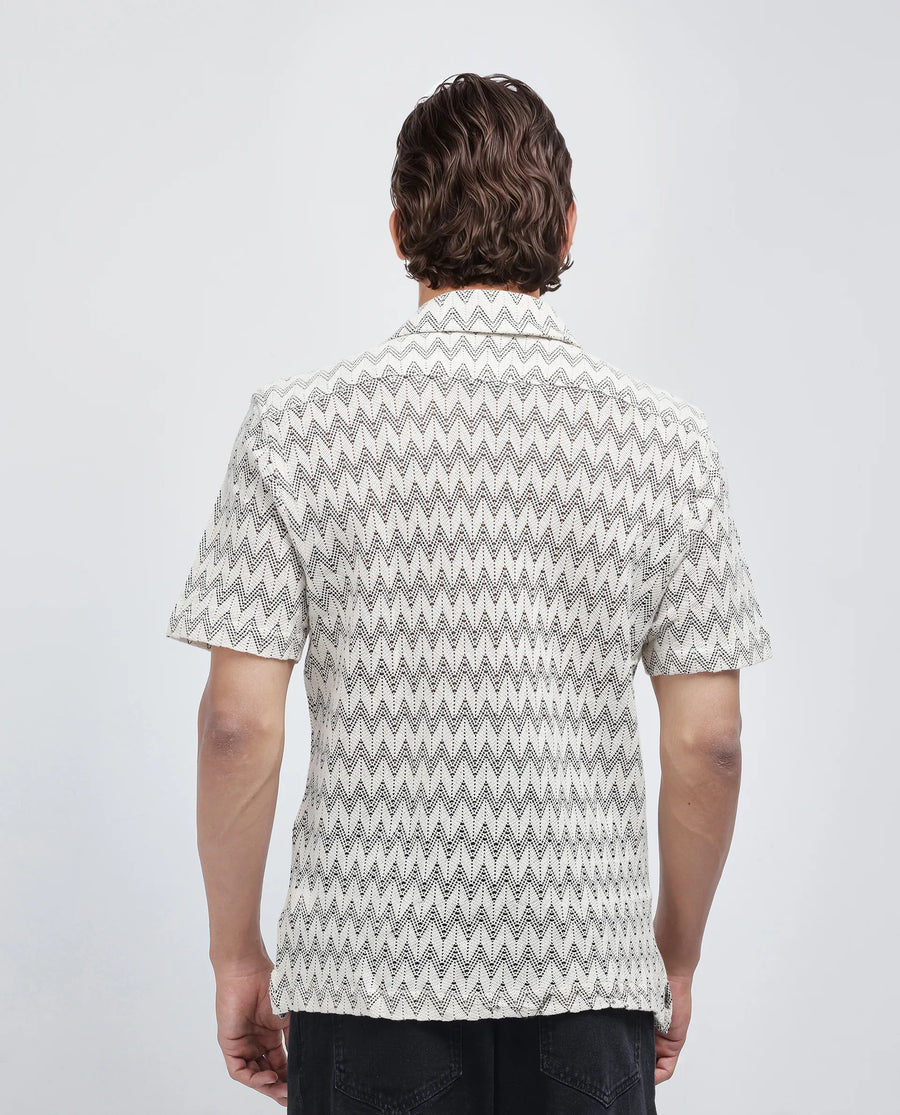 Rare Rabbit Men's Zina Off White Cotton Zig Zag Print Boxy Fit Half Sleeve Cuban Collar Shirt
