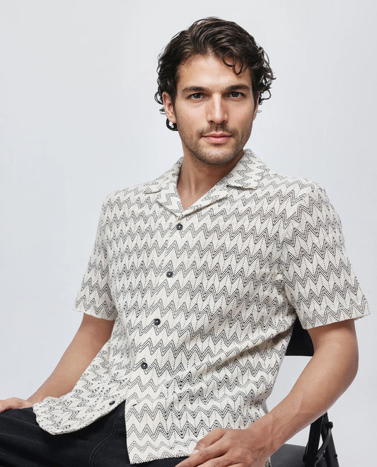 Rare Rabbit Men's Zina Off White Cotton Zig Zag Print Boxy Fit Half Sleeve Cuban Collar Shirt