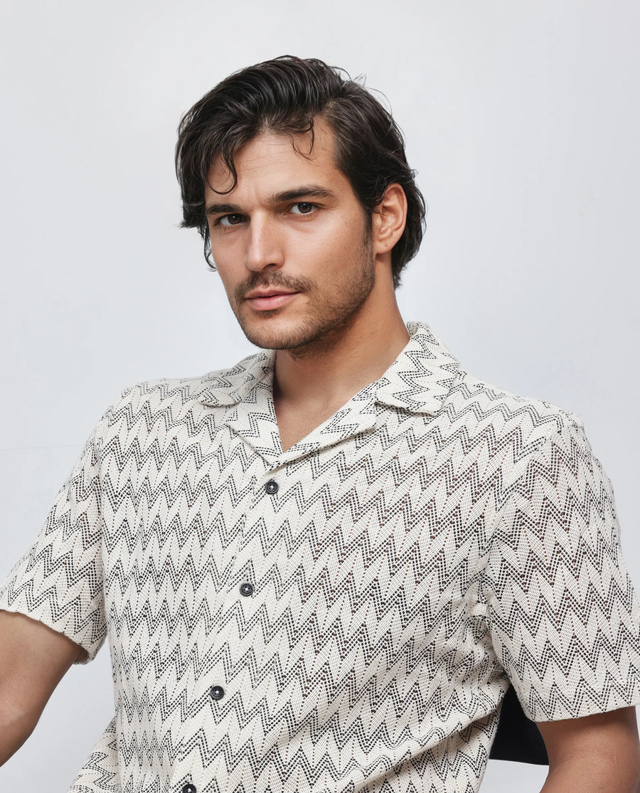 Rare Rabbit Men's Zina Off White Cotton Zig Zag Print Boxy Fit Half Sleeve Cuban Collar Shirt