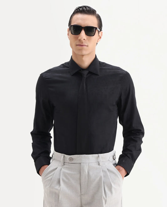 Rare Rabbit Men's Zinq Black Cotton Fabric Spread Collar Regular Fit Jacquard Shirt