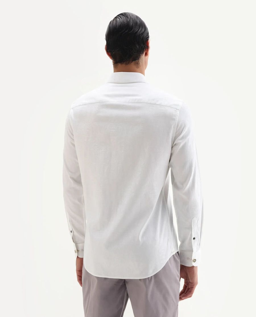 Rare Rabbit Men's Zinq White Cotton Fabric Spread Collar Regular Fit Jacquard Shirt