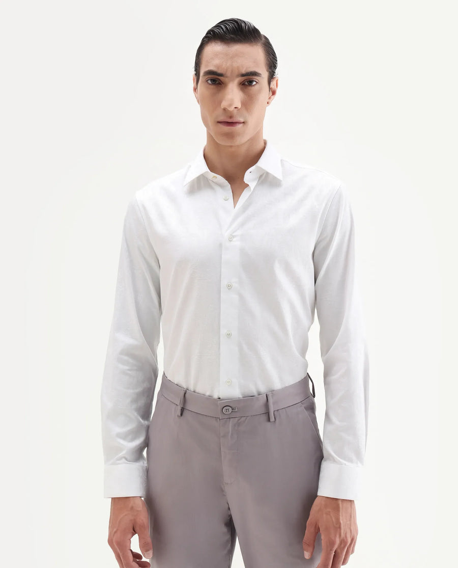 Rare Rabbit Men's Zinq White Cotton Fabric Spread Collar Regular Fit Jacquard Shirt
