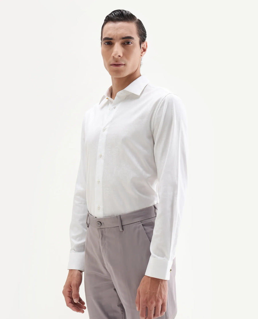 Rare Rabbit Men's Zinq White Cotton Fabric Spread Collar Regular Fit Jacquard Shirt