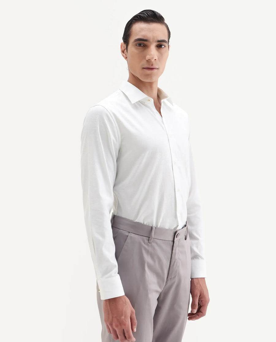 Rare Rabbit Men's Zinq White Cotton Fabric Spread Collar Regular Fit Jacquard Shirt