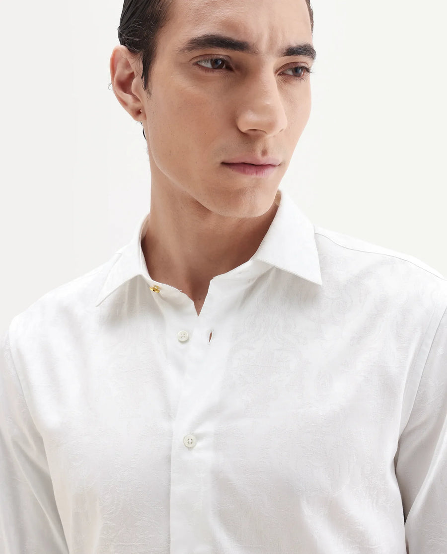Rare Rabbit Men's Zinq White Cotton Fabric Spread Collar Regular Fit Jacquard Shirt