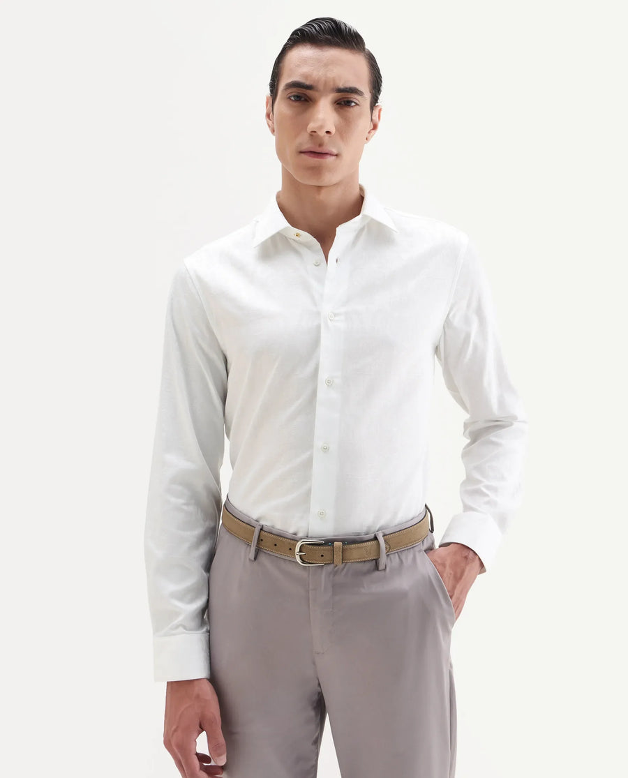 Rare Rabbit Men's Zinq White Cotton Fabric Spread Collar Regular Fit Jacquard Shirt