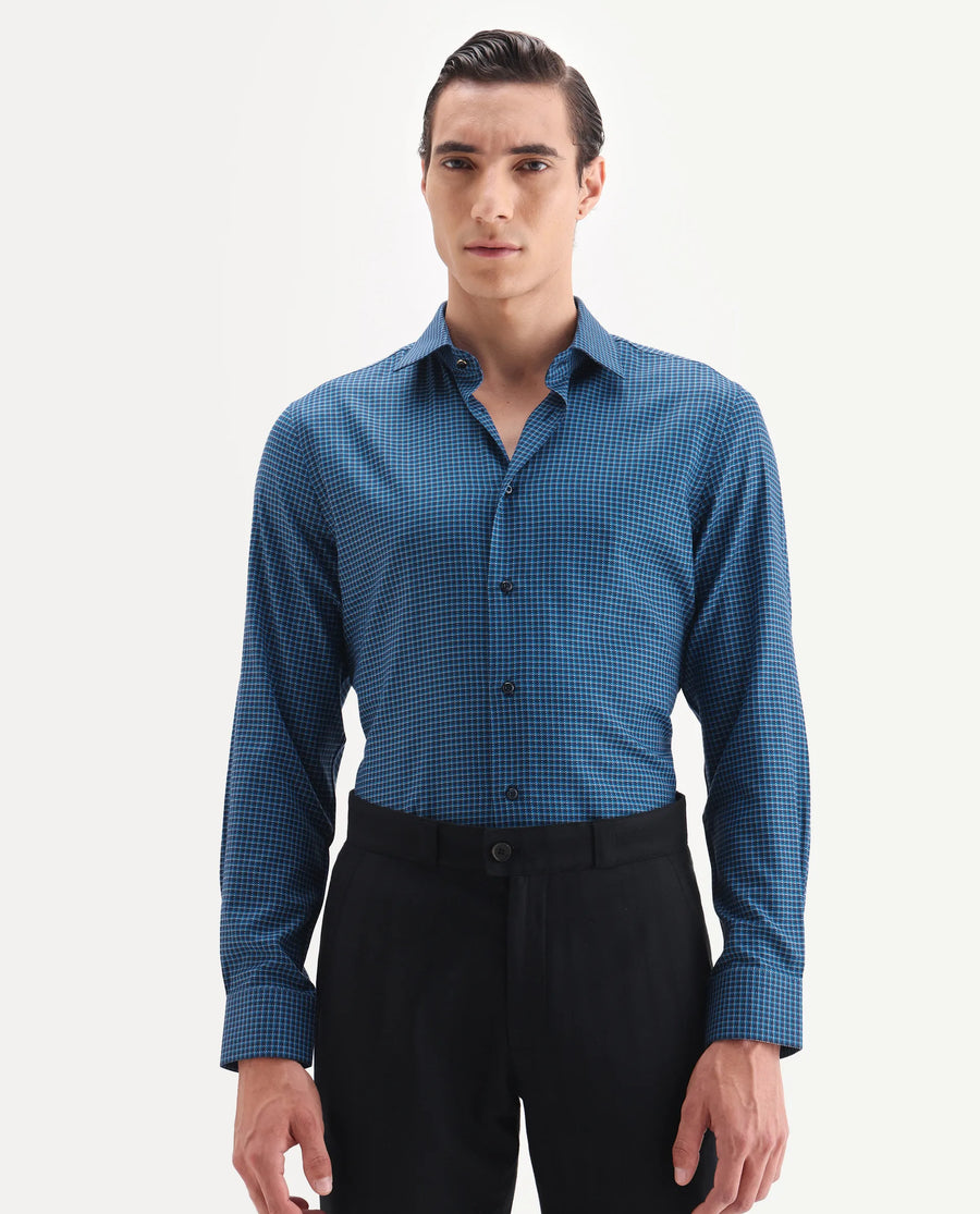 Rare Rabbit Men's Zint Navy Cotton Fabric Full Sleeve Regular Fit Checks Shirt