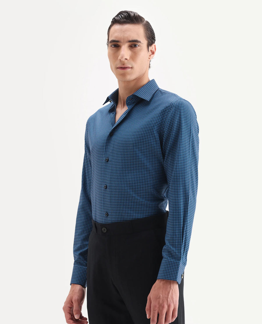 Rare Rabbit Men's Zint Navy Cotton Fabric Full Sleeve Regular Fit Checks Shirt