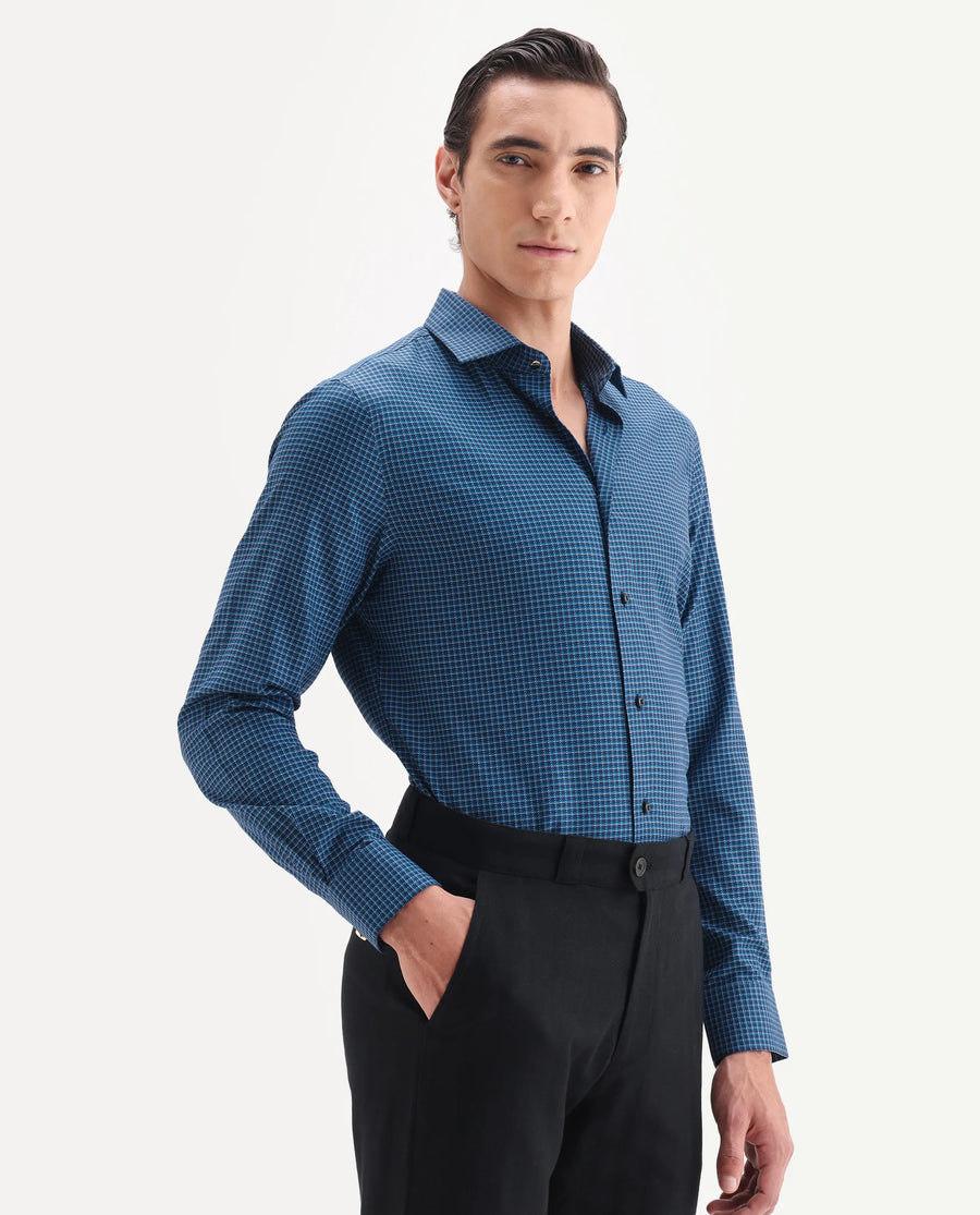 Rare Rabbit Men's Zint Navy Cotton Fabric Full Sleeve Regular Fit Checks Shirt