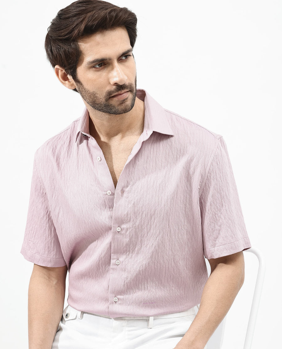 Rare Rabbit Men's Zion Dusky Pink Cotton Plain Boxy Fit Half Sleeve Collared Shirt