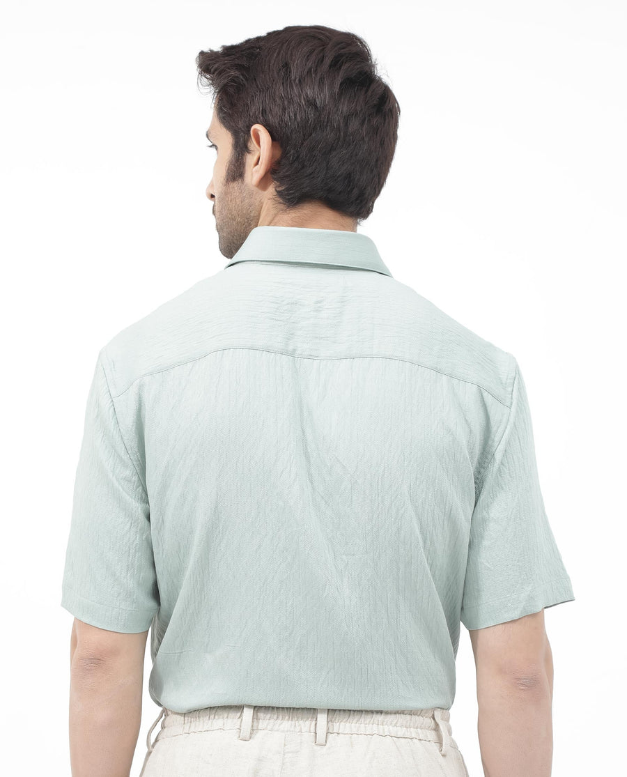 Rare Rabbit Men's Zion Light Green Cotton Plain Boxy Fit Half Sleeve Collared Shirt