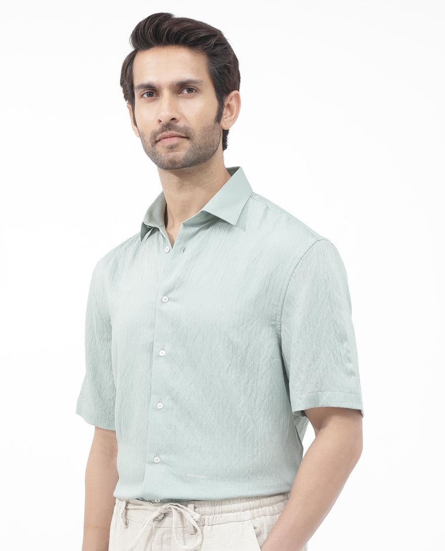 Rare Rabbit Men's Zion Light Green Cotton Plain Boxy Fit Half Sleeve Collared Shirt