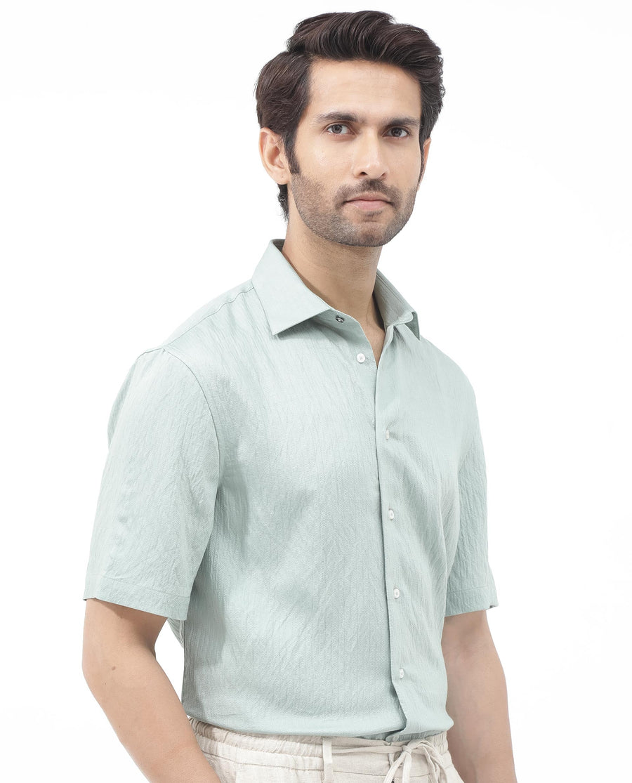 Rare Rabbit Men's Zion Light Green Cotton Plain Boxy Fit Half Sleeve Collared Shirt